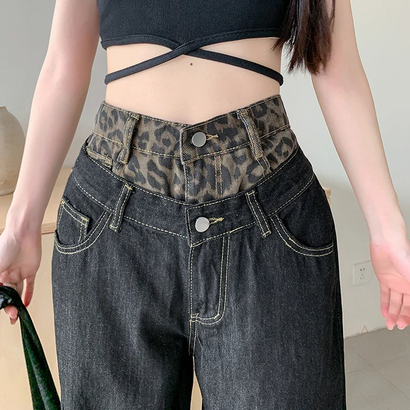 Stilla | Trashy Y2k 2000s Patchwork Sort Leopard Baggy Nye Jeans Kvinder Bukser Undertøj Bred Ben Lige Streetwear Dame Bukser