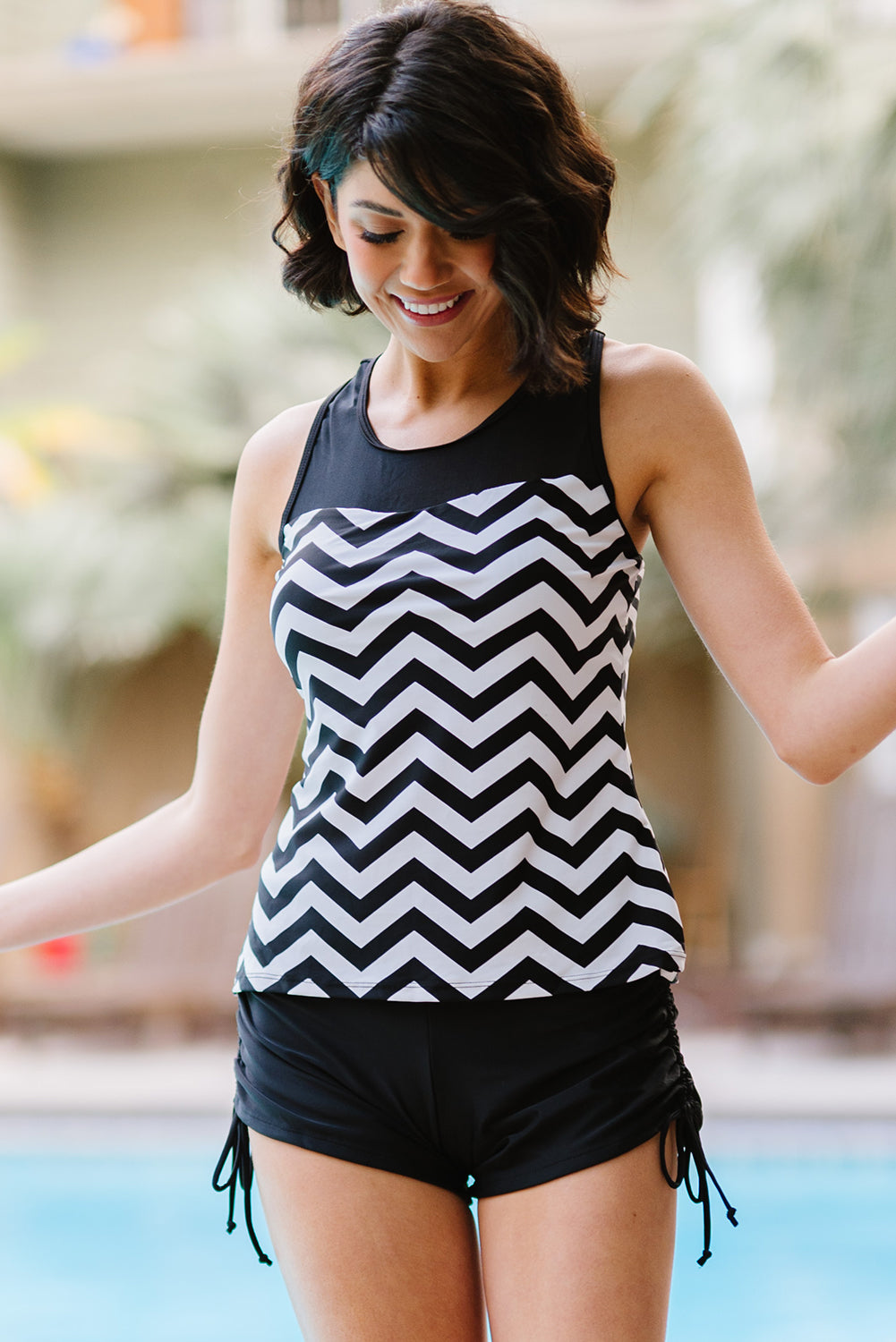 Stilla | Størrelse Chevron Print Rynket Tankini Sæt Online nu