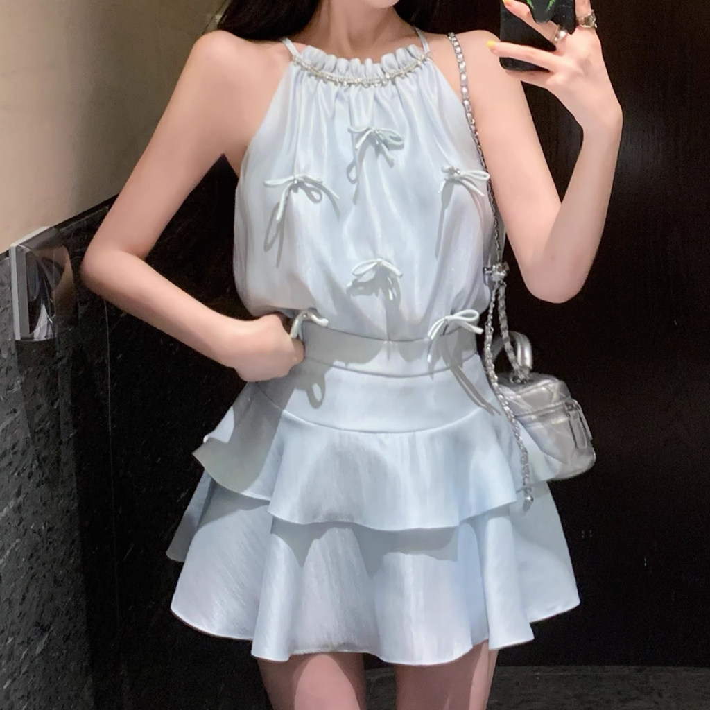 Stilla | Bue Ærmeløs Off Shoulder Satin Top Kage Nederdel Sæt Rabat