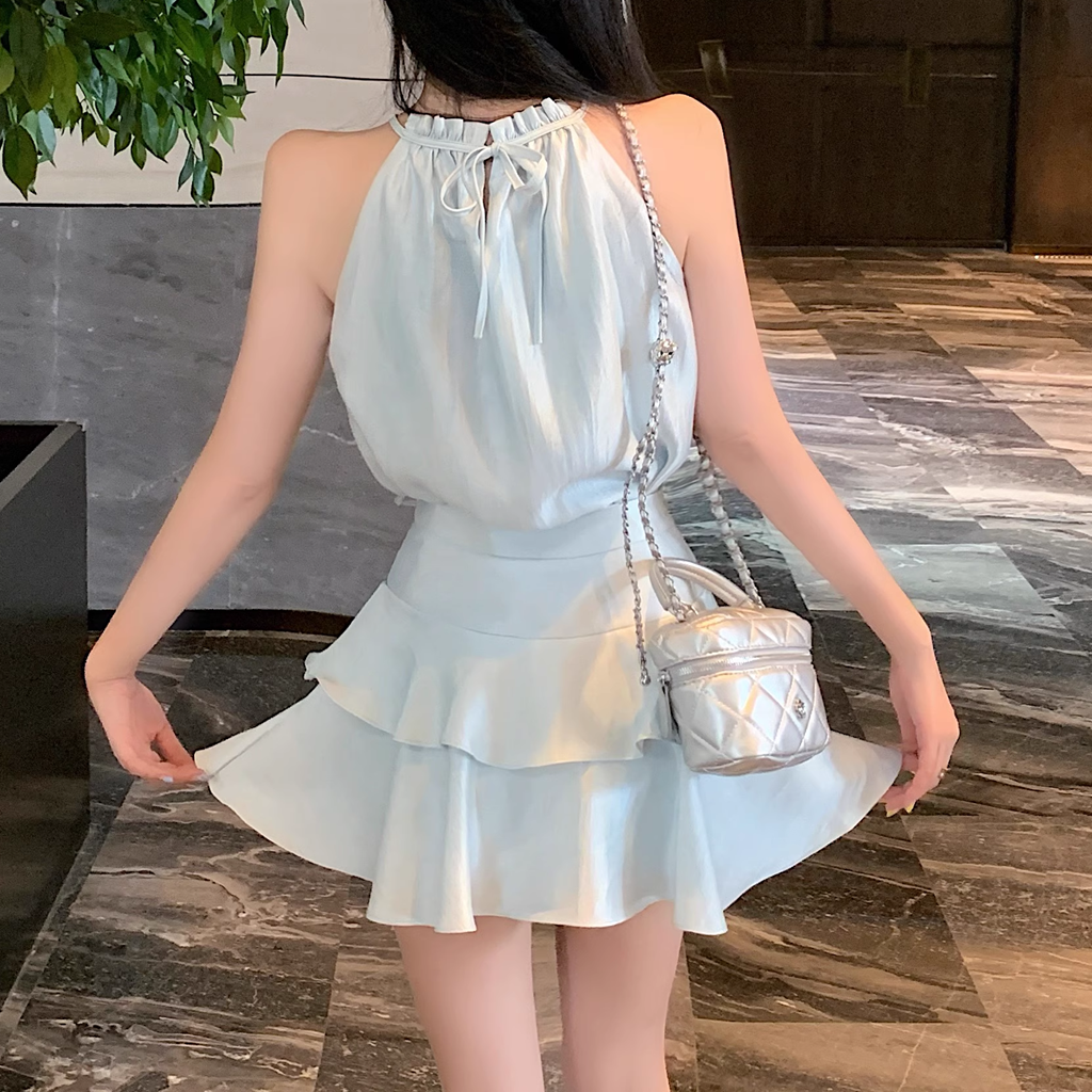 Stilla | Bue Ærmeløs Off Shoulder Satin Top Kage Nederdel Sæt Rabat