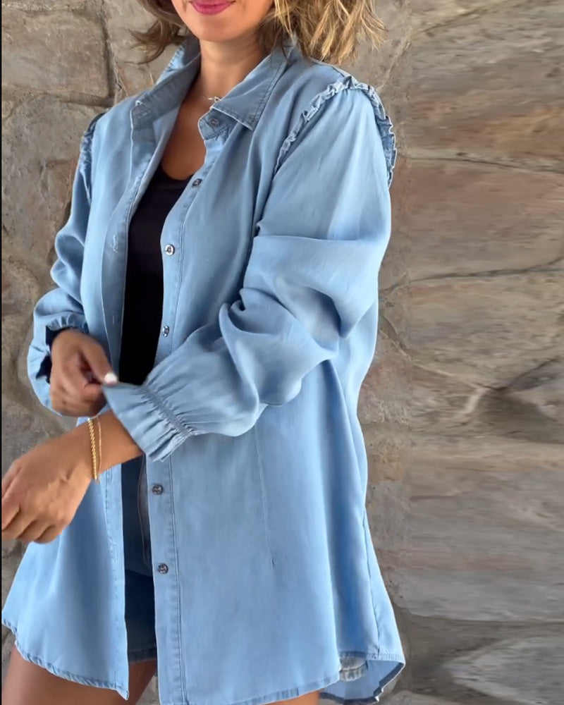 Stilla | Casual Lang Denim Skjorte Bomuld Komfortabel og Afslappet
