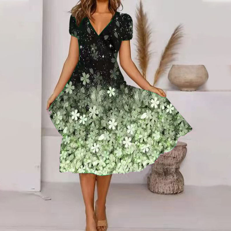 Stilla | Elegant V-hals Kortærmet Blomsterprint Flared Midi Kjole
