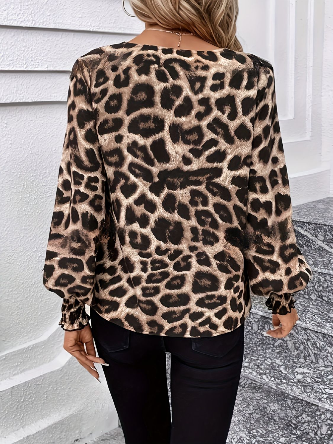 Stilla | Leopard V-udskæring Lanterneærme Bluse Rabat