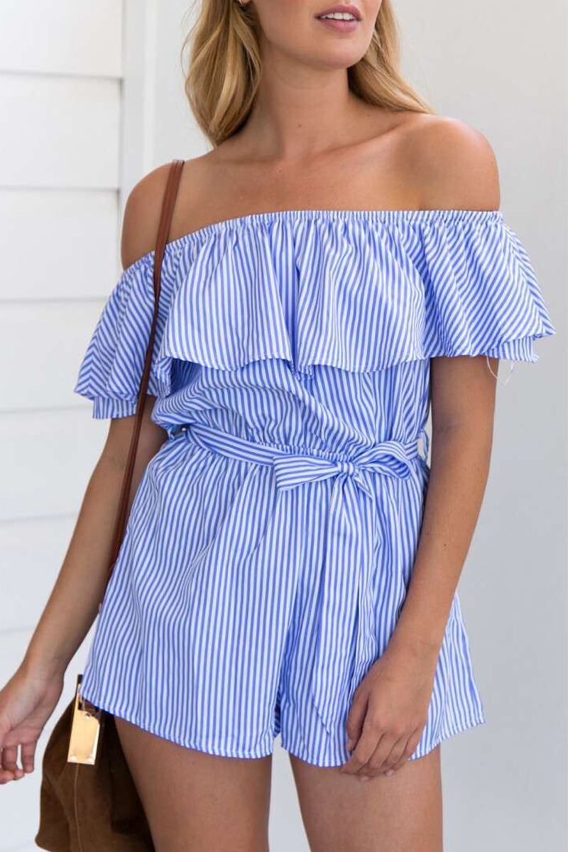 Stilla | Afslappet Stribet Flounce Off the Shoulder Lige Jumpsuits Hot på udsalg
