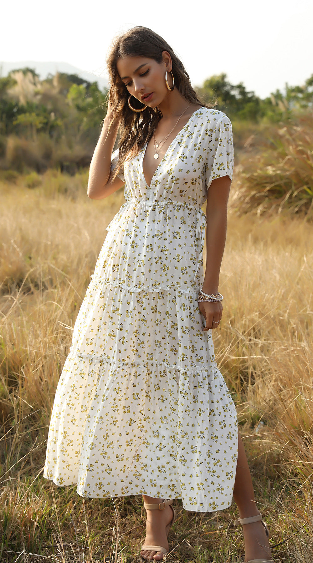 Stilla | Sommer Blomsterprint Flæser Boho Maxi Kjole Udsalg