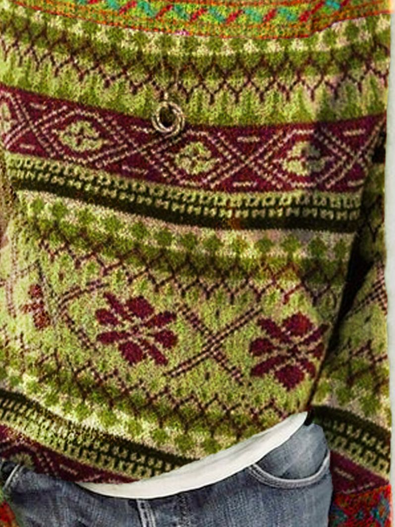 Stilla | Varm Fair Isle Print Rund Hals Strikket Trøje Til Dame Rabat