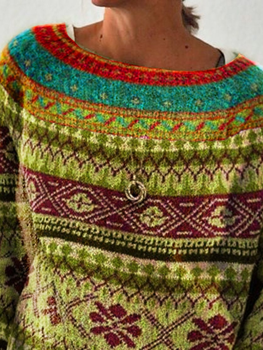 Stilla | Varm Fair Isle Print Rund Hals Strikket Trøje Til Dame Rabat