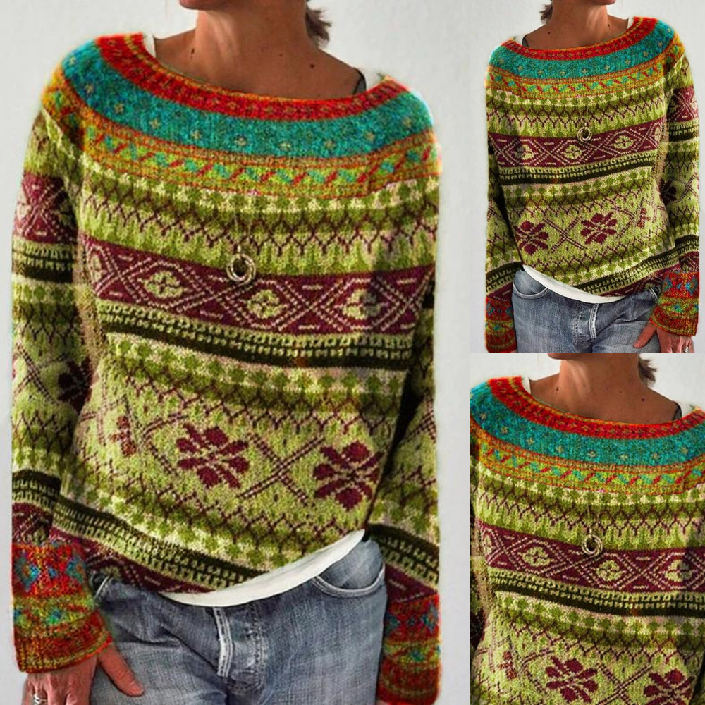 Stilla | Varm Fair Isle Print Rund Hals Strikket Trøje Til Dame Rabat