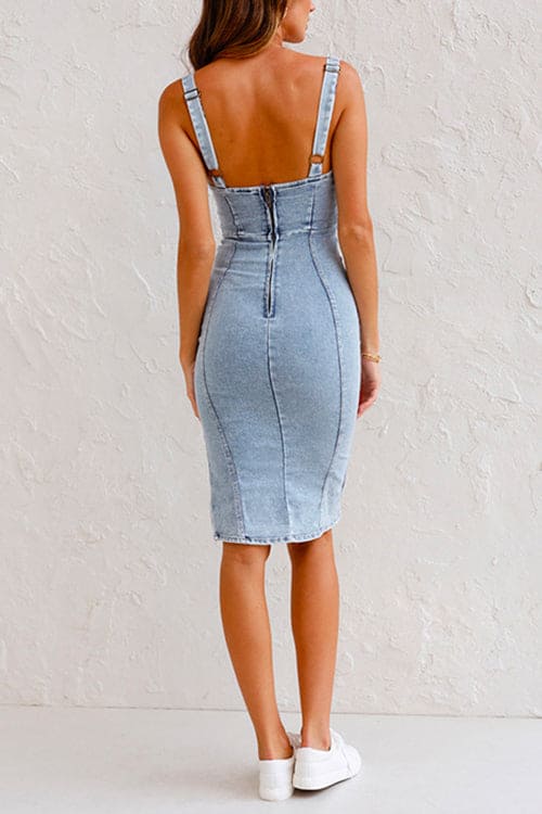 Stilla | Denim Bodycon Cami Kjole Med U Udsparing Udsalg