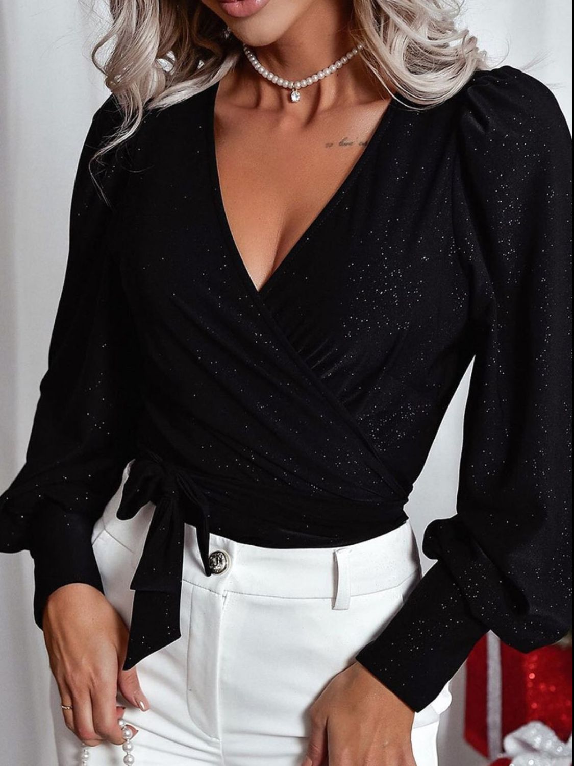 Stilla | Glitter Surplice Langærmet Bluse på udsalg