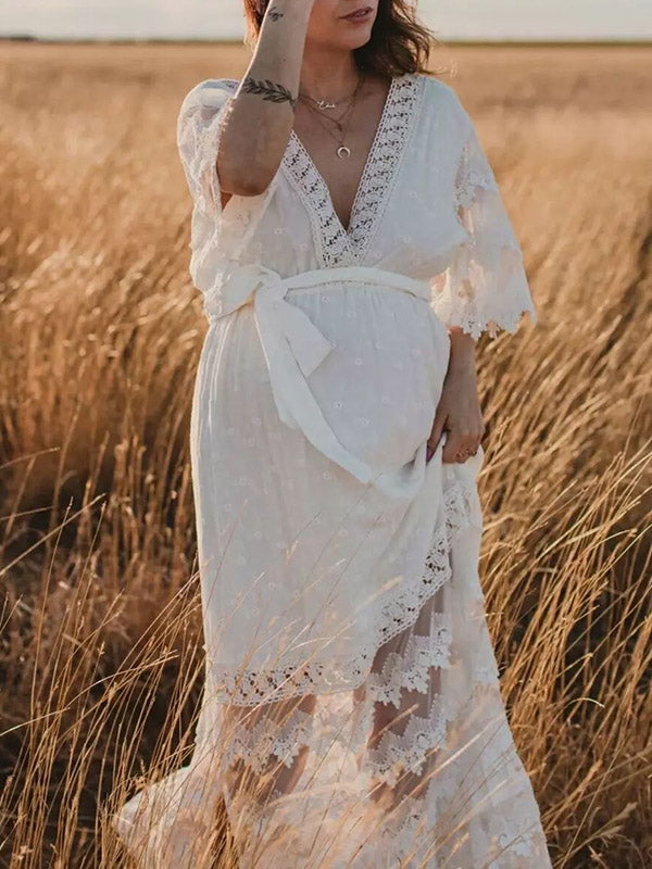 Stilla | Hvid Blonde Side Split Uden Ryg Snøre Med Bælte Elegante Maxi Kjoler Til Gravidfotoshoots