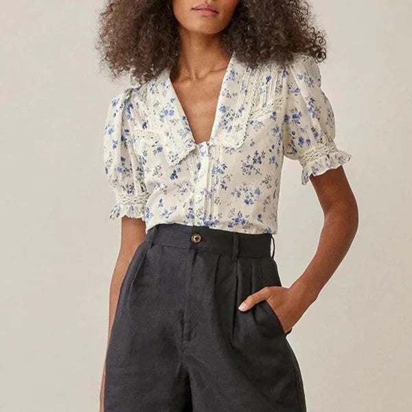 Stilla | vintage blomstret bluse med blondekant Levere