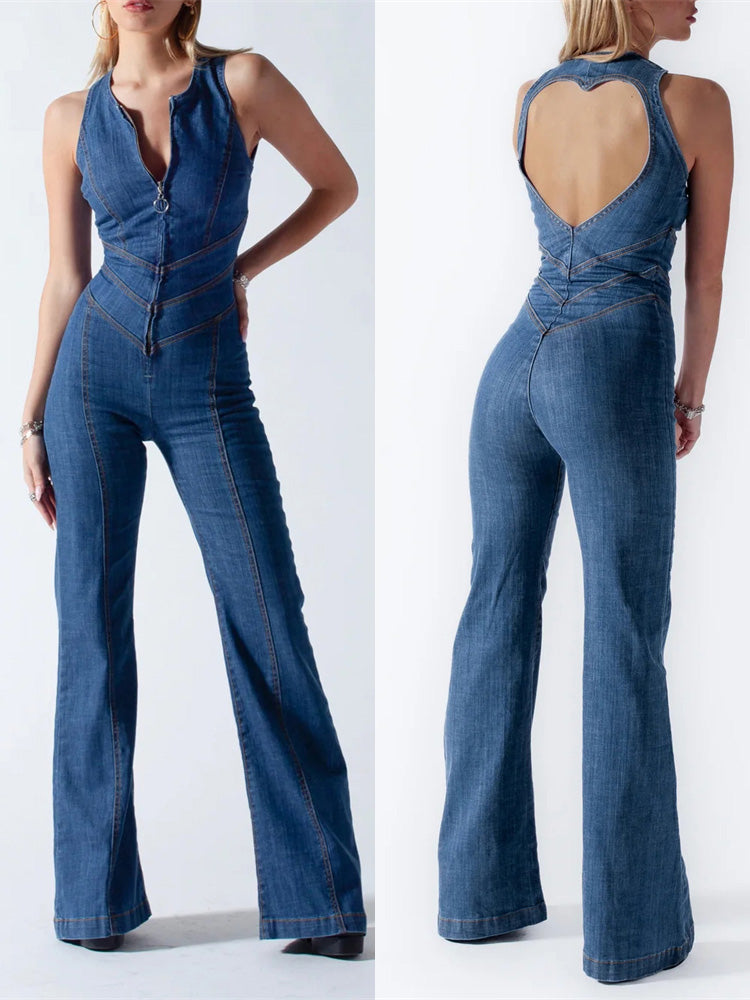 Stilla | Retrojeans-Overall med åben ryg. Trendsættende og elegant for et vintage touch. Online salg