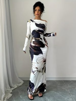 Stilla | Elegante Off-shoulder Bodycon Kjole Med Blomster Mønster Hot på udsalg