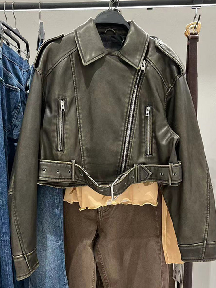 Stilla | Vintage kort læderjakke til damer med revers Udsalg