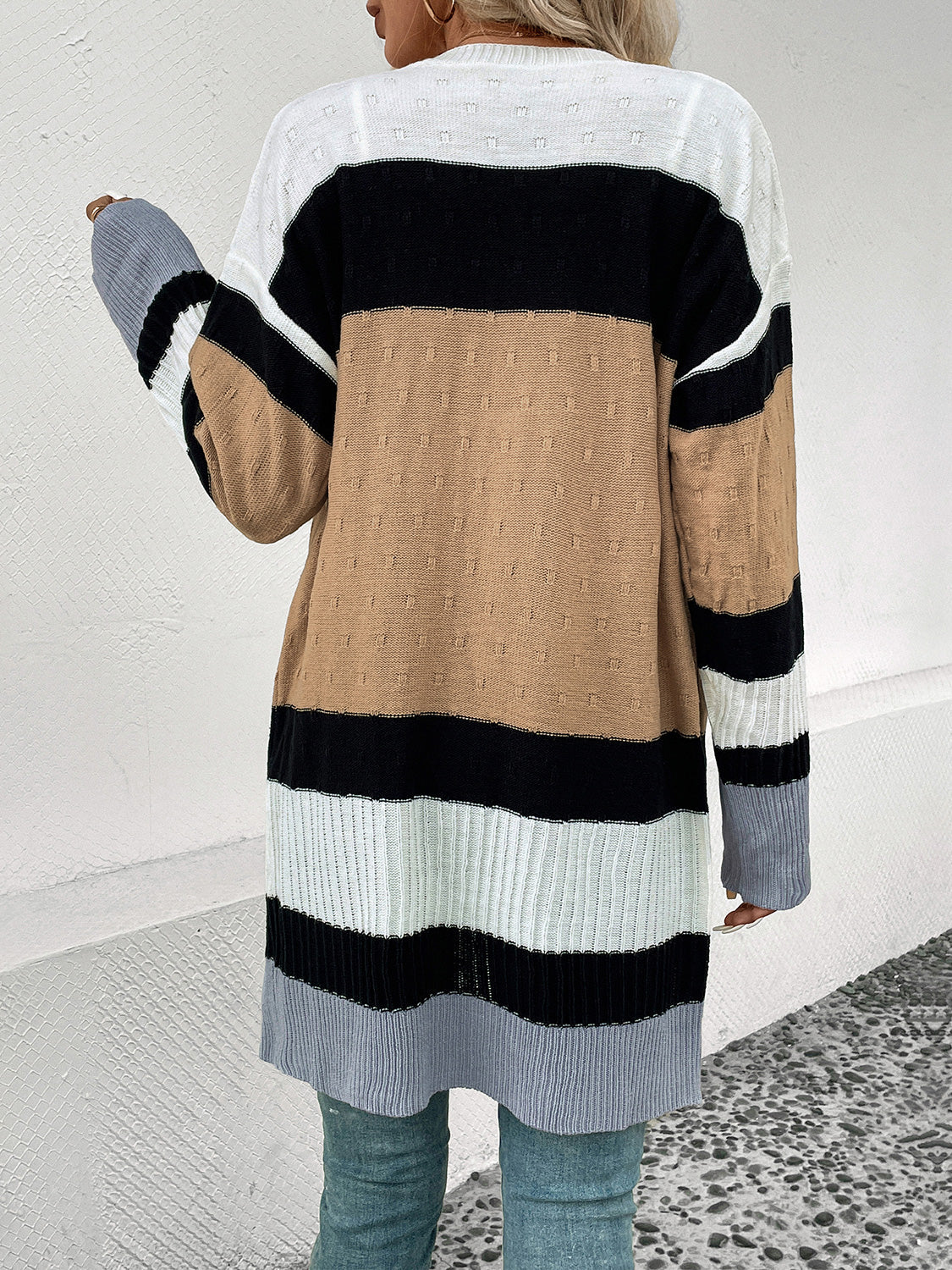 Stilla | Perfee Farveblok Åben Forkant Drop Skulder Cardigan Rabat