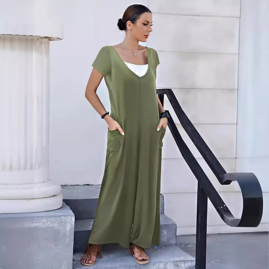 Stilla | Trendy Forår Sommer Ensfarvet Lomme V-Hals Jumpsuit Rabat