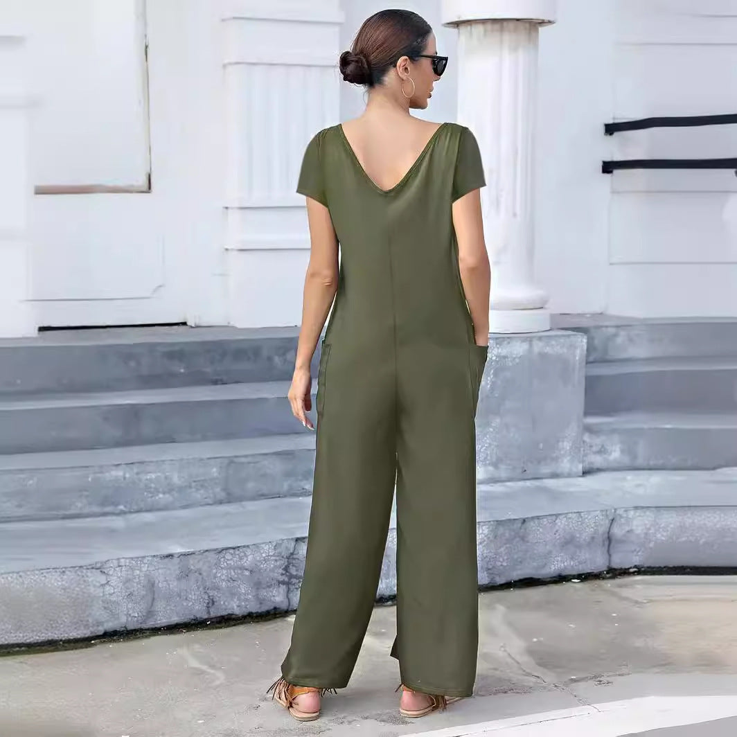 Stilla | Trendy Forår Sommer Ensfarvet Lomme V-Hals Jumpsuit Rabat