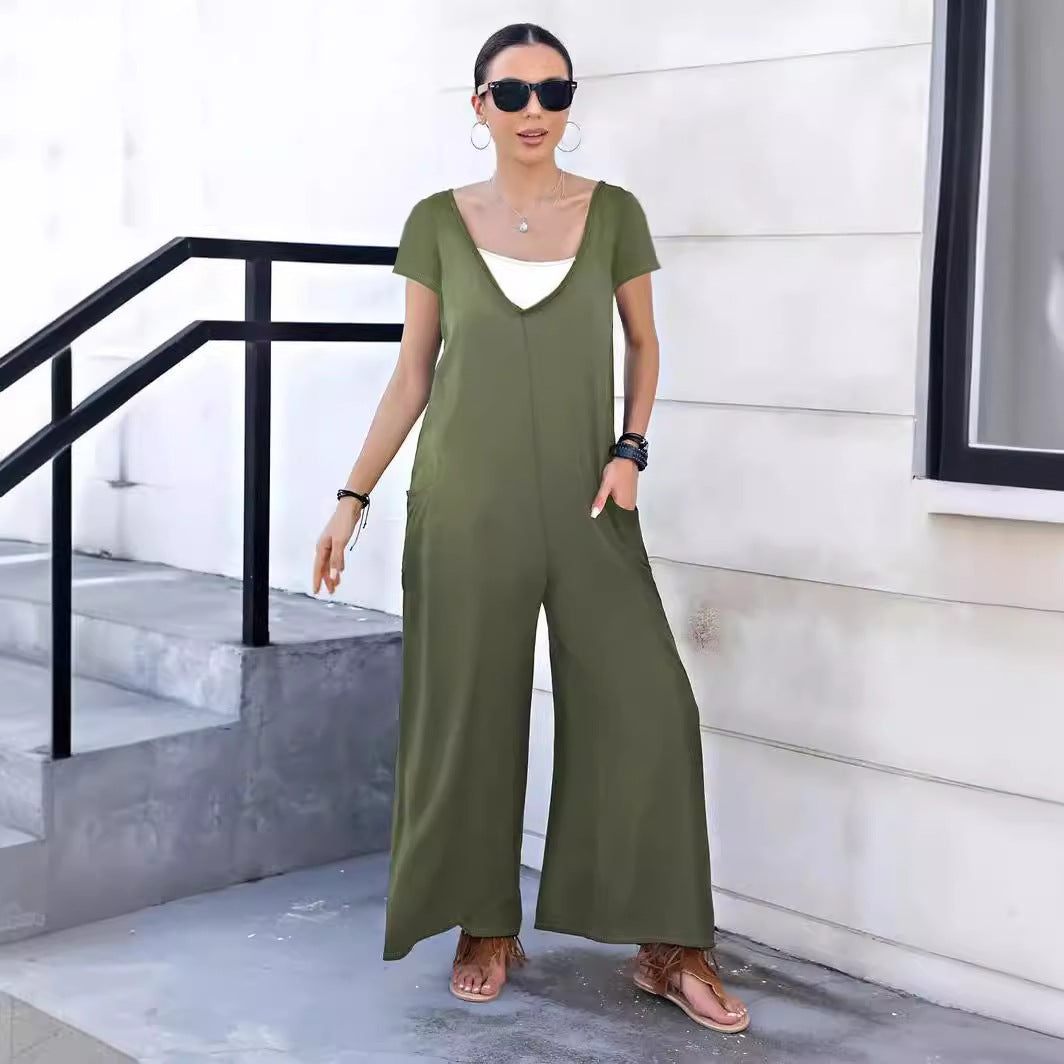 Stilla | Trendy Forår Sommer Ensfarvet Lomme V-Hals Jumpsuit Rabat