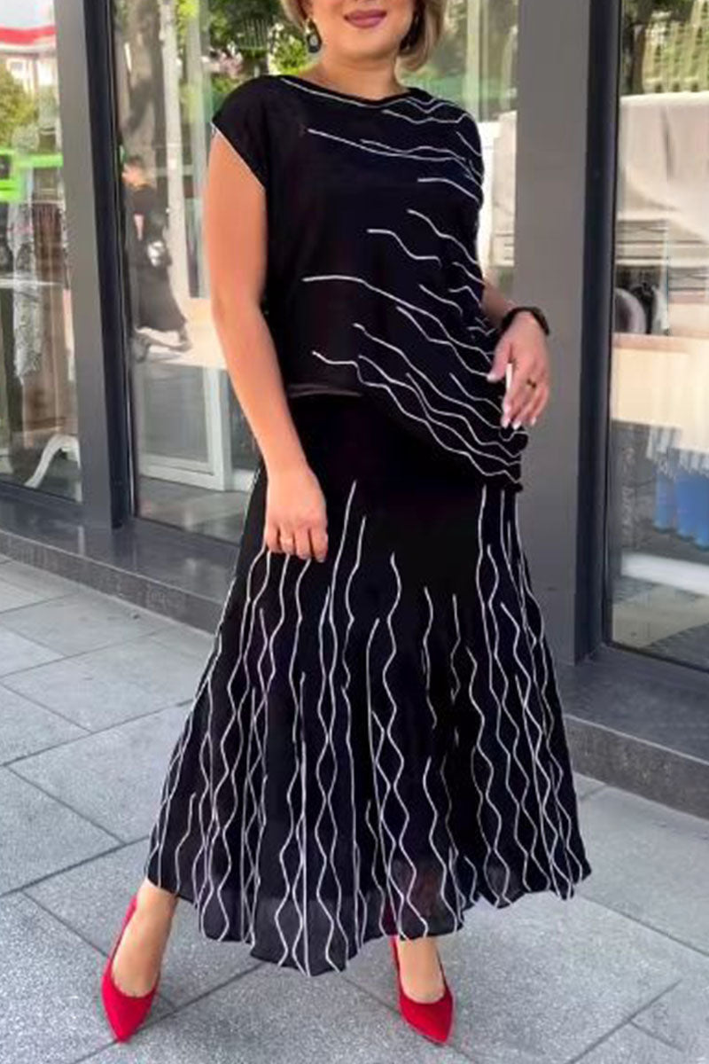 Stilla | Afslappet Solid Patchwork Asymmetrisk O Hals Kort Ærme to Stykker Udsalg