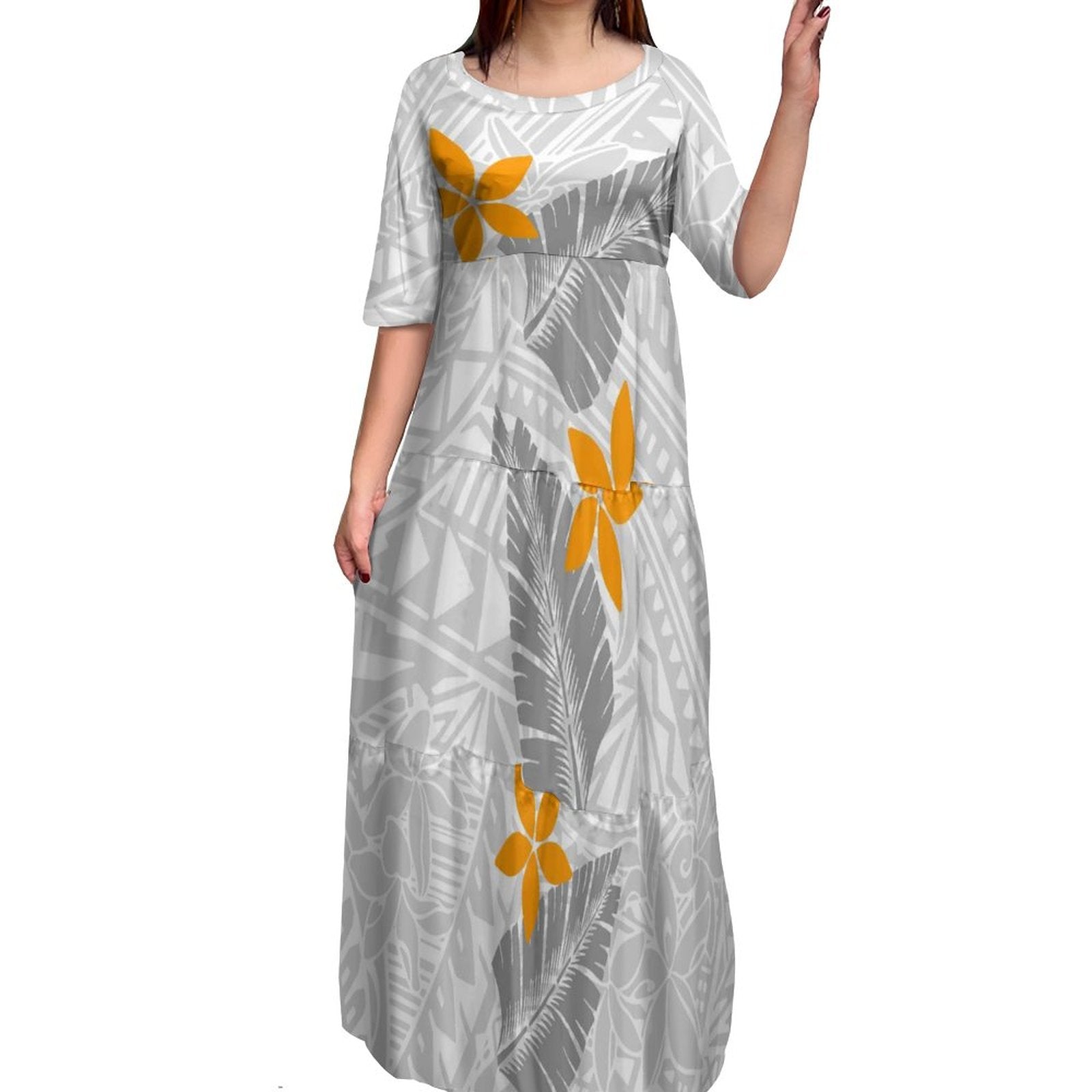 Stilla | Polynesisk Print Plus Size Rund Hals Kjole Online salg