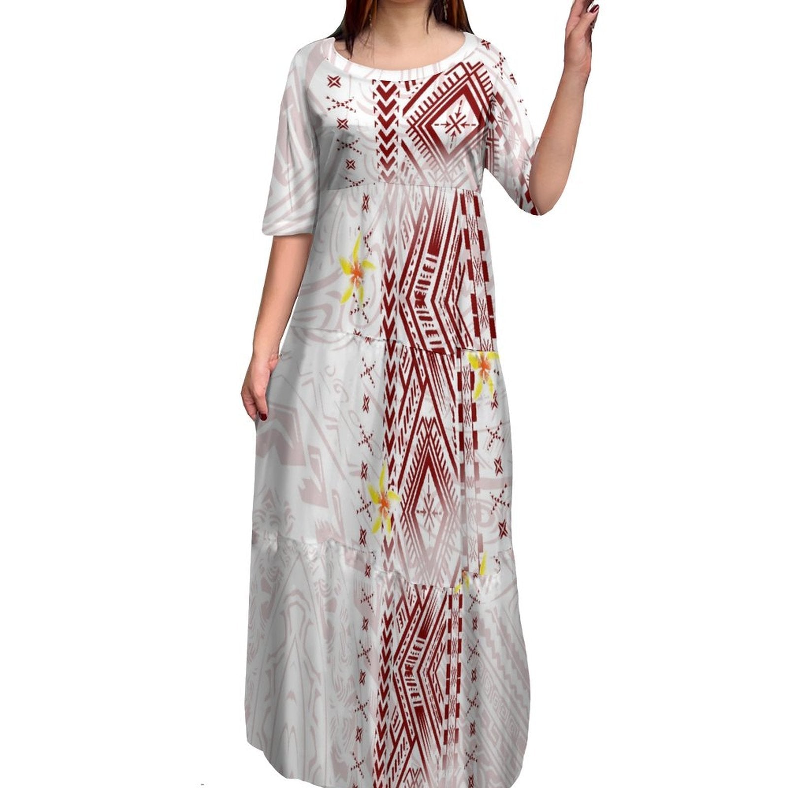 Stilla | Polynesisk Print Plus Size Rund Hals Kjole Online salg