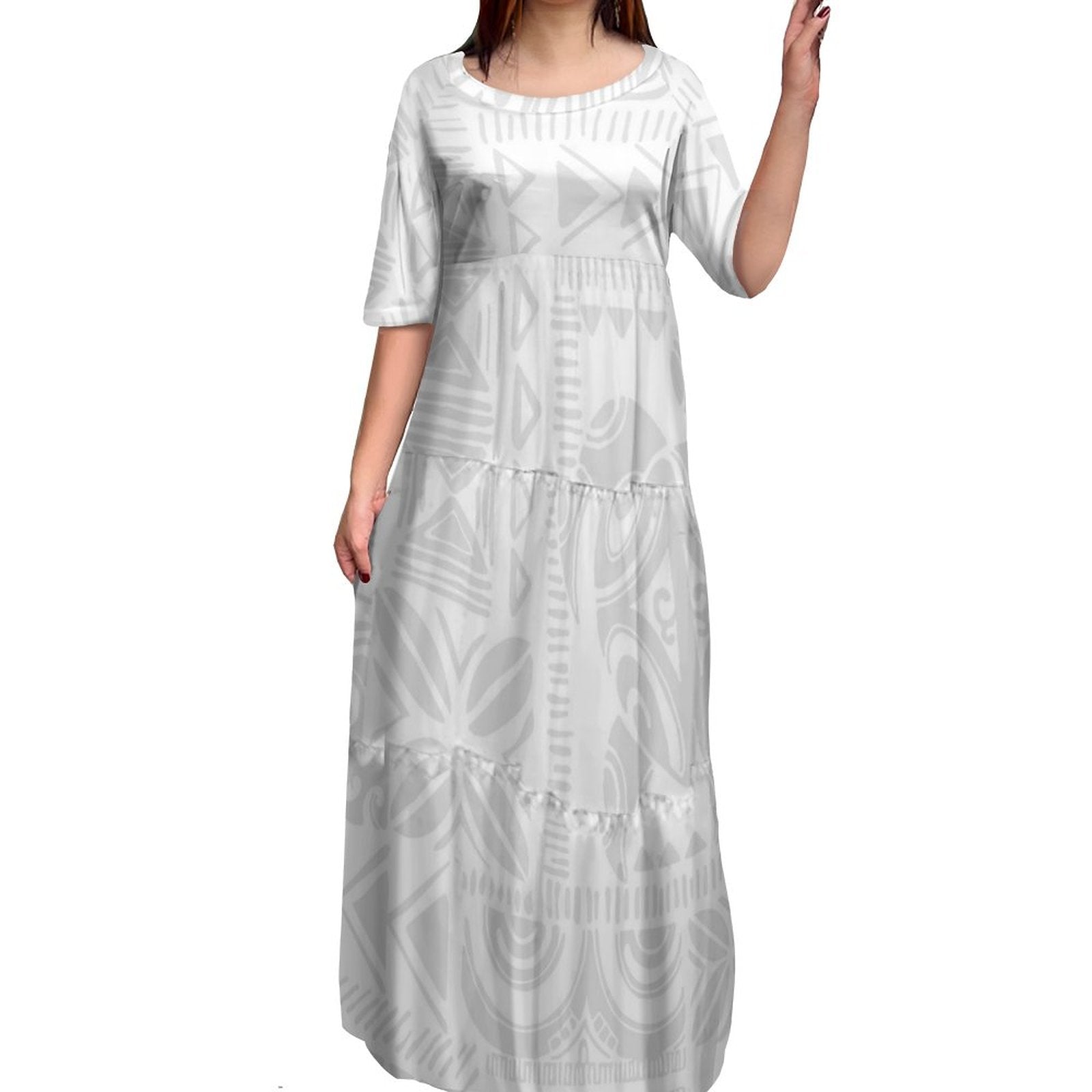 Stilla | Polynesisk Print Plus Size Rund Hals Kjole Online salg