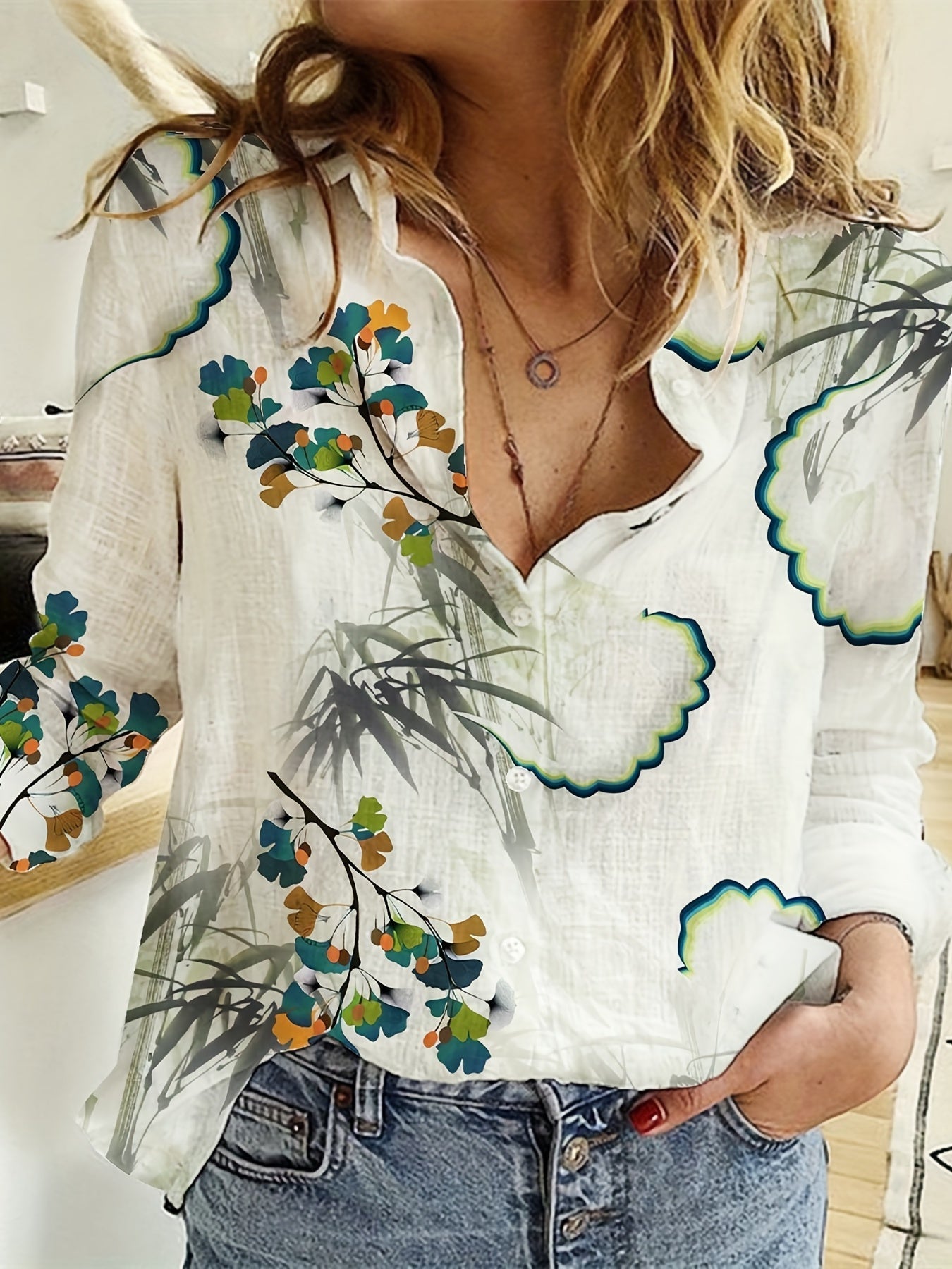 Stilla | Dame Linned Bluse Afslappet Stil, Blomsterdesign, Med Lange Ærmer Og Krave Med Knaplukning, Åndbar