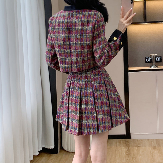 Stilla | Tweed Knapplaid Jakke Elegant Plisseret Nederdel Sæt